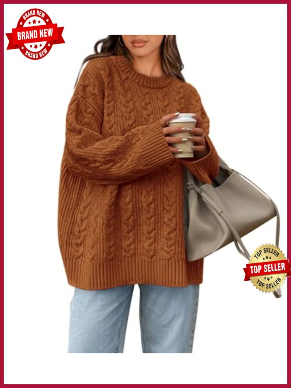 Women's Oversized Cable Knit Pullover Sweater Crewneck Long Sleeve Cozy